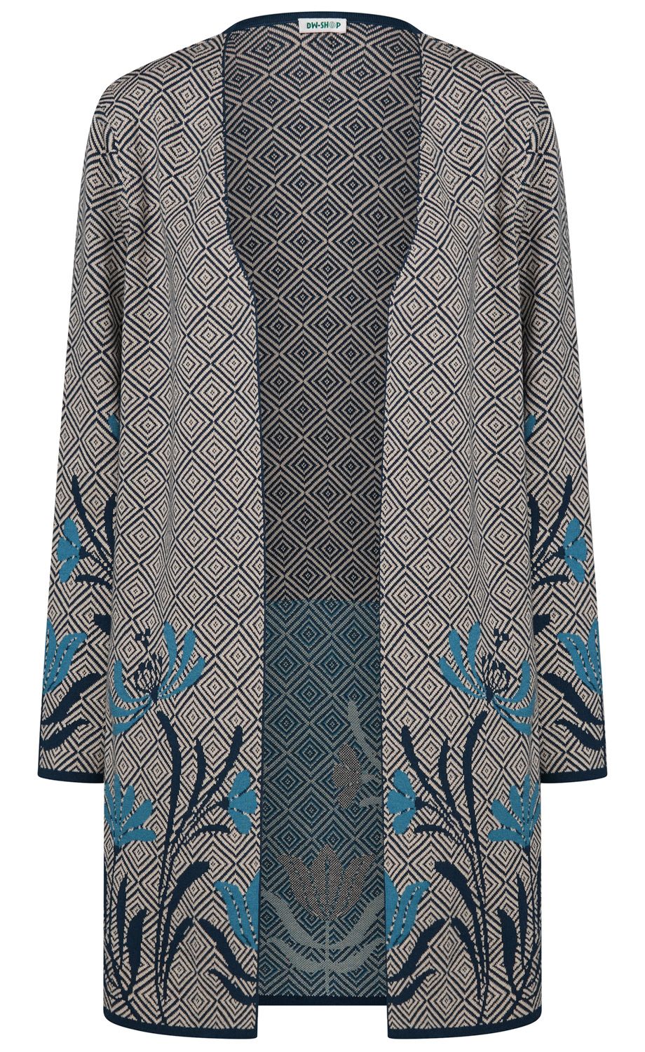 Langarm Cardigan mit geometrischem Diamantmuster in Beige und Dunkelblau, verziert mit blauen Blumenmotiven am Saum und an den Ärmeln, offen geschnitten, mittel-lange Länge