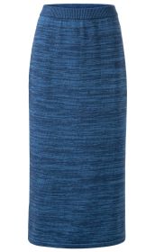 blauer Baumwoll-Rock mit elastischem Bund, mittellang, gerade geschnitten, feine melierte Strickstruktur, schlichtes Design ohne Muster oder Verzierungen