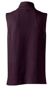 Baumwoll-Fleece-Weste in dunklem Aubergine, ohne Ärmel, mit Stehkragen, sichtbaren Nähten, glatter Oberfläche, von hinten abgebildet, schlichtes Design, mittellang