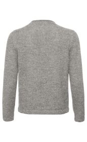 Rückansicht einer grauen Alpaka-Strickjacke mit langem Arm und feiner Struktur, schlicht gestaltet, kuschelig und weich wirkender Stoff, keine Muster oder Verzierungen sichtbar