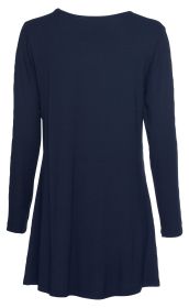 Dunkelblaues Viskose-Mix-Shirt mit langen Ärmeln, weiter Passform und rundem Halsausschnitt, Rückansicht, leicht ausgestellter Saum