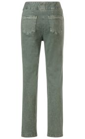 Baumwoll-Mix Hose in grün, Rückansicht, gerade geschnitten, zwei aufgesetzte Gesäßtaschen, elastischer Bund, leichte Waschung, weiches Material, knöchellang