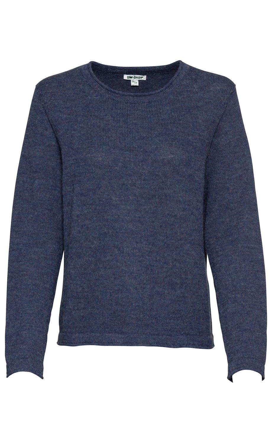Dunkelblauer Alpaka-Pullover mit Rundhalsausschnitt, langärmlig, feine Strickstruktur, gerade geschnittener Saum, schlichter Stil ohne Muster oder Verzierungen, Label innen am Kragen sichtbar