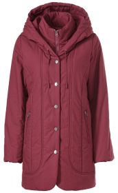 Damen-Baumwoll-Jacke in dunklem Rot mit Kapuze, durchgehendem Reißverschluss und Druckknöpfen, zwei seitlichen Reißverschlusstaschen, langen Ärmeln und Stehkragen, Steppnähte und Kordelzug an der Kapuze.