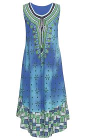 Ärmelloses Viskose-Kleid in Blau mit grünem und blauem ethnischem Muster am Ausschnitt, Tupfen- und Sternenmuster auf dem Oberteil und geometrischem Patchwork-Design am Saum.
