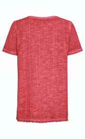 Rückansicht einer roten Baumwoll-Bluse mit kurzen Ärmeln, strukturiertem Stoff und Spitzenkante am Saum, schlicht und ohne Muster, auf weißem Hintergrund.