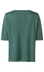 Leinen-Mix-Pullover in gedecktem Grün, kurze Ärmel, Rundhalsausschnitt, Rückansicht, leicht strukturierter Strick, gerade geschnitten, schlichtes Design ohne Muster oder Verzierungen