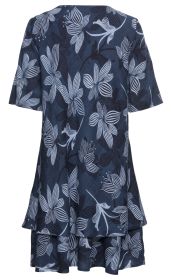 Baumwoll-Mix-Kleid in Dunkelblau mit weißem Floral-Print, kurzärmelig, ausgestellter Schnitt, Rückenansicht, zweiteiliger Rock mit unterschiedlichen Längen, leicht fallender Stoff
