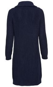 Dunkelblaues, langärmliges Baumwoll-Kleid mit geripptem Strickmuster, rundem Kragen und seitlichen Schlitzen, Rückansicht, knielang, schlichte und bequeme Passform