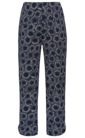 Damen-Baumwoll-Mix-Hose mit elastischem Bund, dunkelblau mit beigen Punktemustern in konzentrischen Kreisen, gerade geschnitten, knöchellang, unkompliziert und bequem