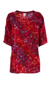rote Viskose-Bluse mit kurzen Ärmeln, runder Ausschnitt, allover abstraktes Blumenmuster in Blau, Orange und Braun, Taillenband zum Binden, lockere Passform