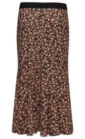 Viskose-Mix-Rock mit schwarzem Bund, ausgestellt mit dezenter Blumen- und Blattmuster in Beige und Blau auf schwarzem Hintergrund