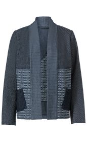Baumwoll-Mix-Jacke in Dunkelblau mit verschiedenen Strickmustern, offenem Schal-Kragen und zwei schrägen Taschen vorne, langärmlig, ungefüttert, gerade geschnitten