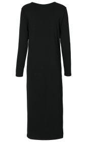Schwarzes Viskose-Mix-Kleid, knielang, gerade geschnitten, lange Ärmel, Rundhalsausschnitt, Rückansicht, schlichtes Design ohne Muster oder Verzierungen