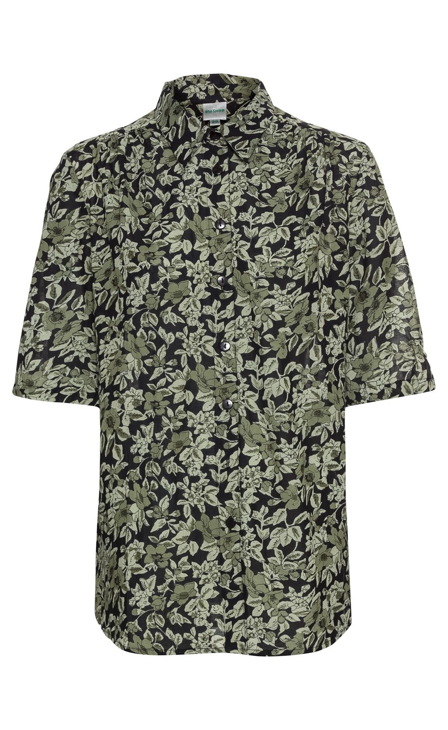 Viskose-Bluse mit kurzem Arm, schwarzem Hintergrund und grünem floralem Muster, klassischer Kragen, Knopfleiste vorne, leicht geraffte Schultern, lockere Passform.