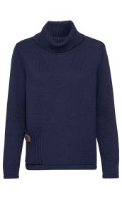 dunkelblauer Baumwoll-Pullover mit langen Ärmeln, geripptem Rollkragen, seitlicher Rippentasche mit großem Knopf, schlichter, feiner Strickstruktur, gerade geschnitten