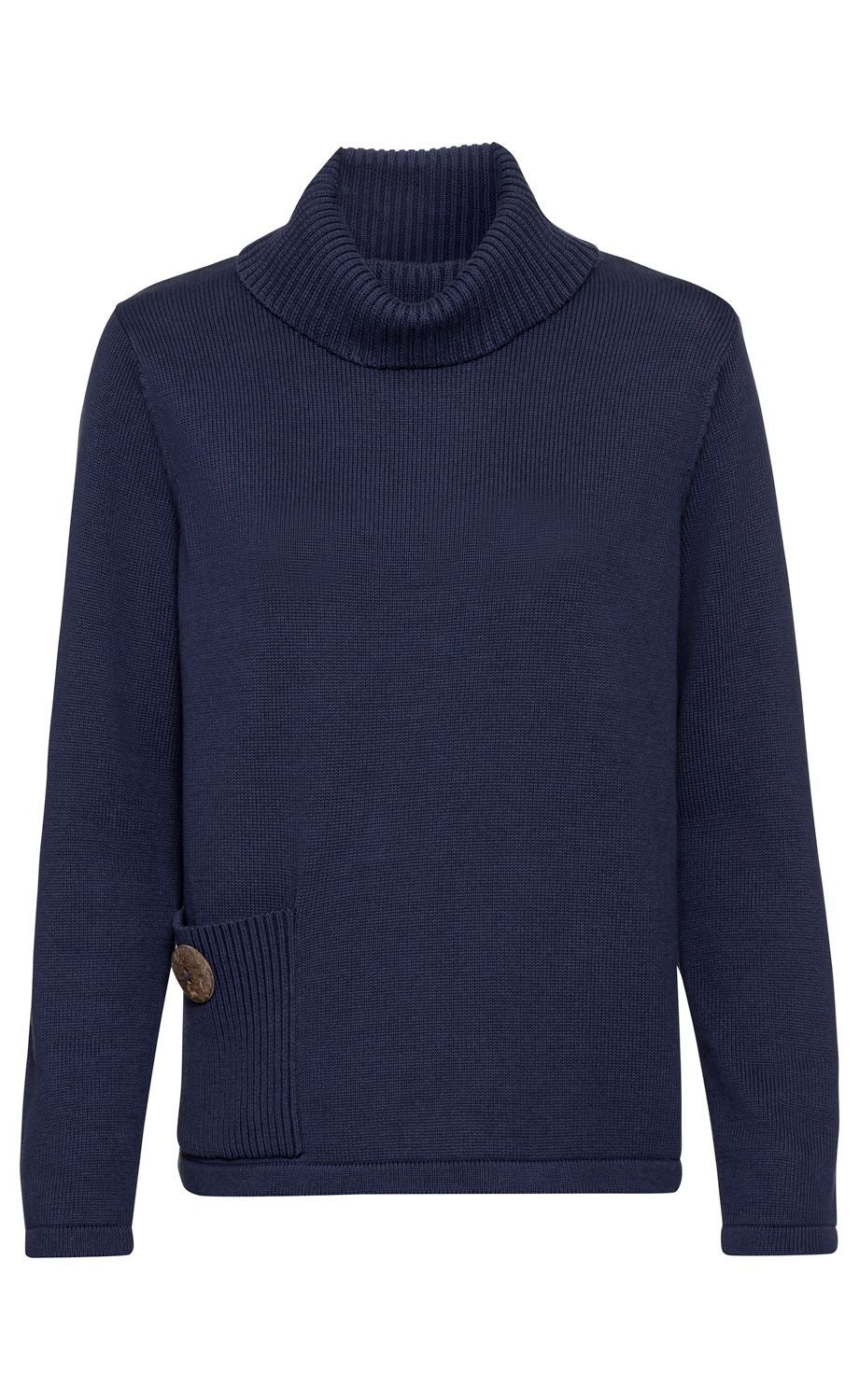 dunkelblauer Baumwoll-Pullover mit langen Ärmeln, geripptem Rollkragen, seitlicher Rippentasche mit großem Knopf, schlichter, feiner Strickstruktur, gerade geschnitten