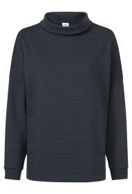 dunkelgraues Baumwoll-Shirt mit feiner Rippenstruktur, langärmlig, weiter Stehkragen und lockerer Passform