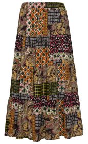 Viskose-Rock in Midilänge mit elastischem Bund, Patchwork-Muster aus bunten Paisley- und Blumenmotiven in Braun, Orange, Gelb, Rot und Schwarz, weit geschnittener Rock mit Volant am Saum