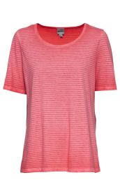 Baumwoll-Mix-Shirt in Rosa mit kurzen Ärmeln und feinen horizontalen Streifen, Rundhalsausschnitt, locker sitzend, schlichtes Damen-T-Shirt