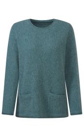 blauer langärmeliger Pullover aus Strickstoff mit rundem Ausschnitt und zwei aufgesetzten Taschen vorne