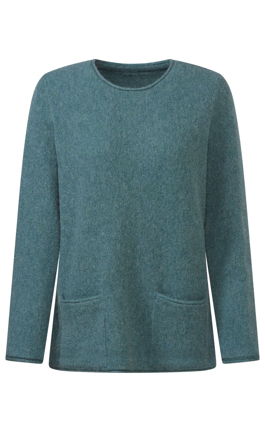 blauer langärmeliger Pullover aus Strickstoff mit rundem Ausschnitt und zwei aufgesetzten Taschen vorne