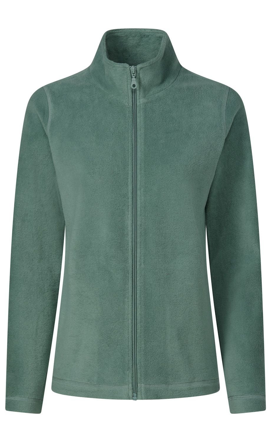 grüne Fleecejacke mit Stehkragen und durchgehendem Reißverschluss, lange Ärmel, schlichte kuschelige Struktur, taillierte Passform, Vorderansicht auf weißem Hintergrund