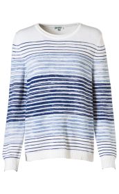 weißer Viskose-Pullover mit Rundhalsausschnitt, langen Ärmeln und horizontalen Streifen in verschiedenen Blautönen auf Vorder- und Rückseite
