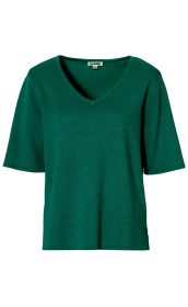 Leinen-Mix-Pullover in dunkelgrün, kurzarm, V-Ausschnitt, gerader Schnitt, leicht strukturierte Strickoptik, geeignet für legere und sommerliche Outfits