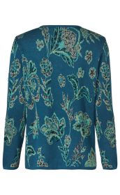 Baumwoll-Strickjacke in Petrol mit floralem Muster in Türkis, Hellgrün und Grau, Rückansicht, lange Ärmel, gerade geschnitten, feiner Strick, locker fallend