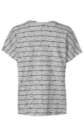 Baumwoll-Pullover, Rückenansicht, kurzärmlig, gerade geschnitten, grau meliert mit feinen schwarzen und weißen Querstreifen, naht in der Mitte, leichter Baumwollstoff