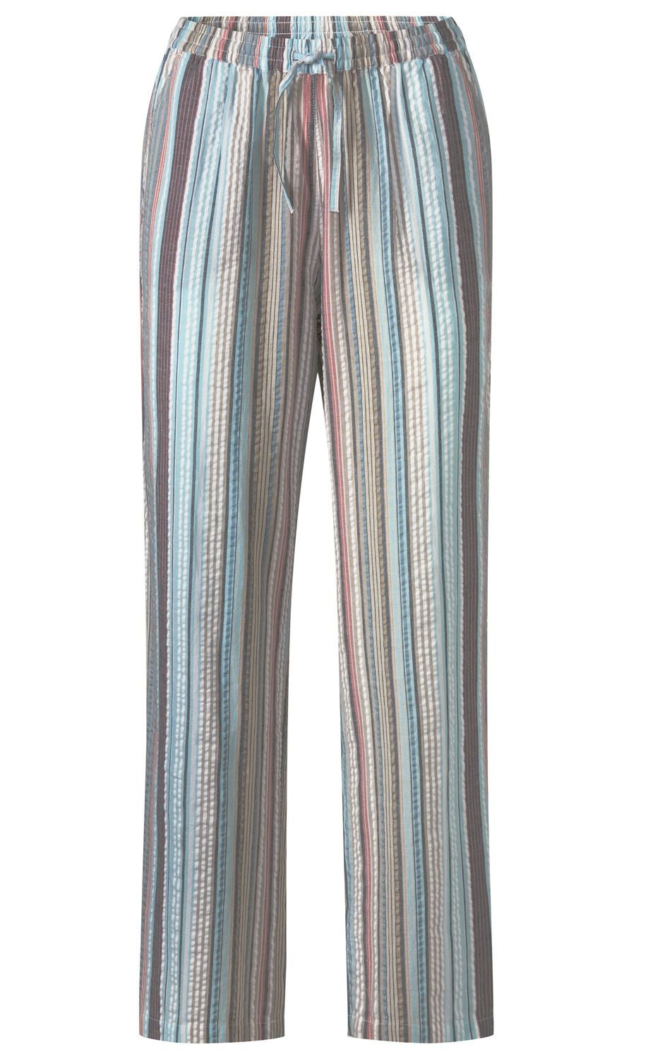 Baumwoll-Hose mit elastischem Bund und Kordel zum Binden, gerade geschnitten, gestreift in den Farben Hellblau, Braun, Beige, Weiß und Rot, strukturierter Stoff mit leichtem Seersucker-Effekt, langes Bein
