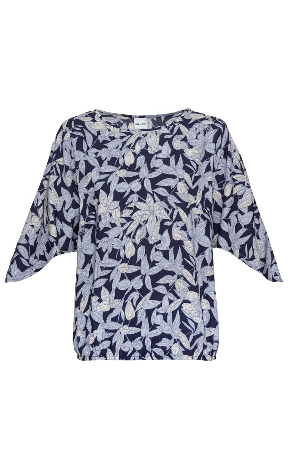 Damen Modal-Bluse in Dunkelblau mit hellblau-beigem floralem Blattmuster, überschnittenen 3/4-Ärmeln und elastischem Saumabschluss