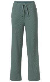 Baumwoll-Hose in gedecktem Grün mit feiner Waffelstruktur, geradem Beinverlauf, elastischem Bund und Tunnelzug mit Bindeband vorne, schlichtes Design, mittellang
