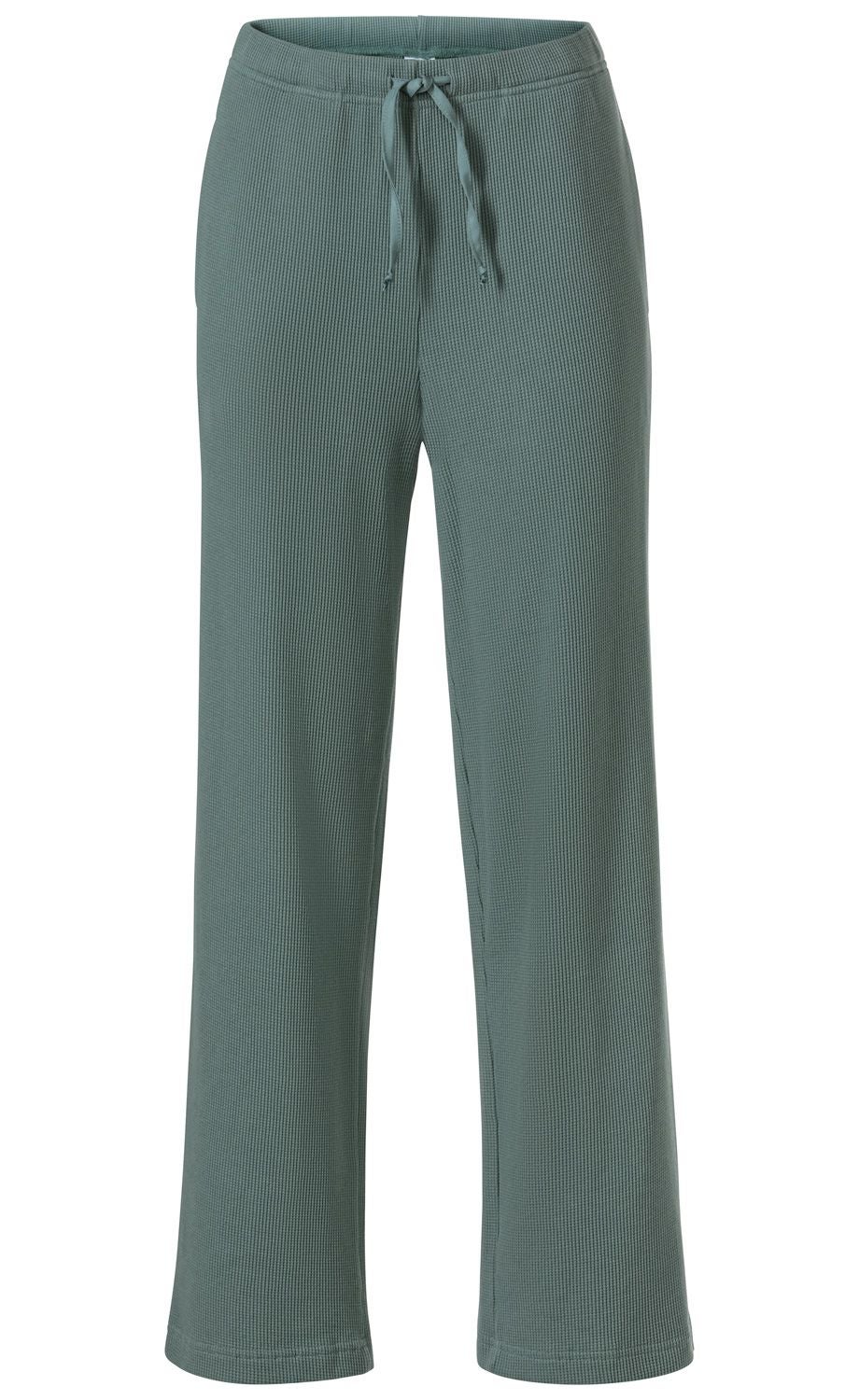 Baumwoll-Hose in gedecktem Grün mit feiner Waffelstruktur, geradem Beinverlauf, elastischem Bund und Tunnelzug mit Bindeband vorne, schlichtes Design, mittellang