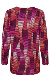 Viskose-Bluse mit langen Ärmeln, Rückenansicht, farbiges abstraktes Muster in Rot-, Pink- und Lila-Tönen mit schwarzen Linien, runder Ausschnitt, locker sitzend