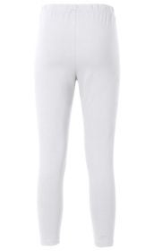 Weiße Baumwoll-Mix-Leggings, schlichtes Design, elastischer Bund, enge Passform, lange Beinlänge, glatter Stoff, ohne Muster oder Verzierungen, Rückansicht.