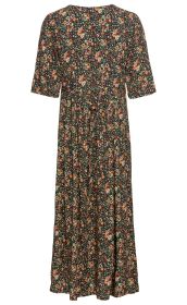 Viskose-Kleid mit kurzem Arm, langer Länge, dunkelgrünem Hintergrund und kleinem Blumenmuster in Orange, Rot und Beige, figurumspielender Schnitt und schmale taillierte Form, Rückansicht