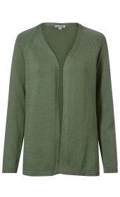 Baumwoll-Strickjacke in Olivgrün, offen geschnitten, mit langem Ärmel, feiner Strickstruktur, Rundhalsausschnitt und gerippten Bündchen an Ärmeln und Saum