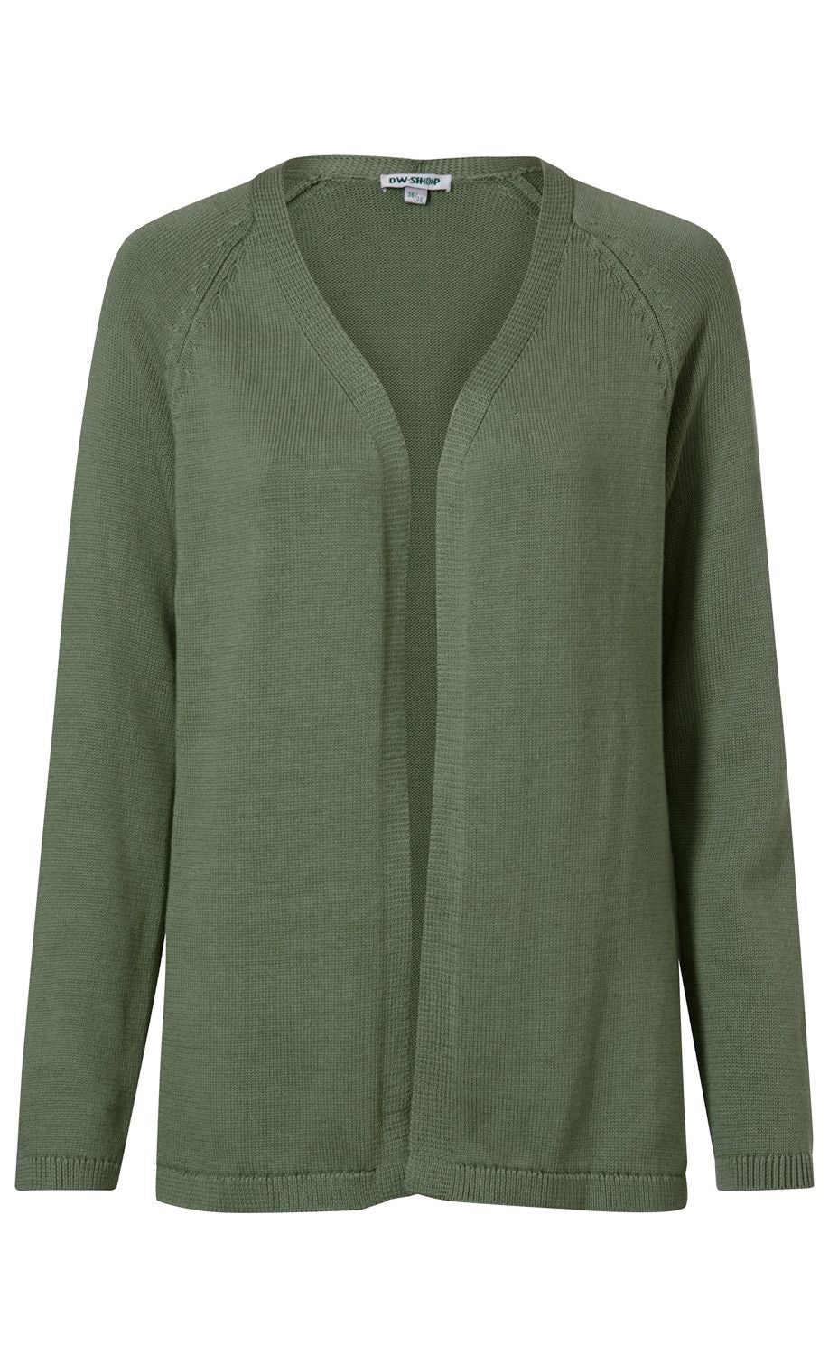 Baumwoll-Strickjacke in Olivgrün, offen geschnitten, mit langem Ärmel, feiner Strickstruktur, Rundhalsausschnitt und gerippten Bündchen an Ärmeln und Saum