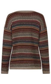 Rückansicht eines mehrfarbigen Alpaka-Pullovers mit langem Arm und gestreiftem, traditionellem Muster in Braun-, Beige-, Blau- und Rottönen