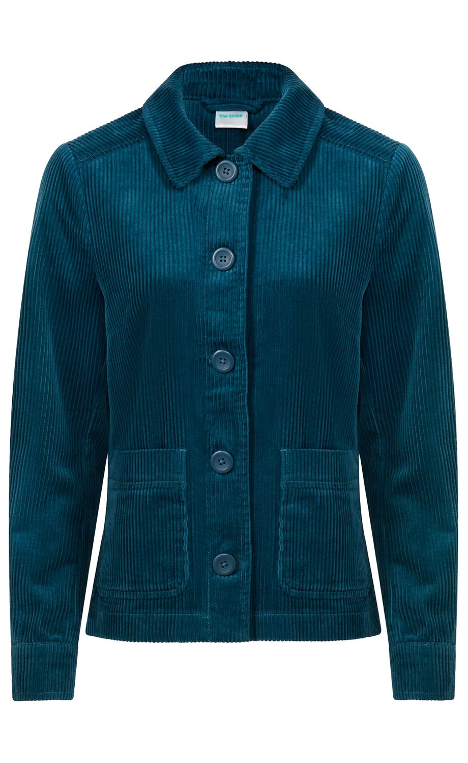 dunkelblaue Cordjacke mit Kragen, langen Ärmeln, vier Knöpfen vorne und zwei aufgesetzten Taschen, eng anliegende Passform