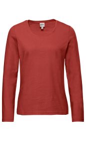 Baumwoll-Mix-Shirt in Rostrot, langärmlig, Rundhalsausschnitt, unifarben, schlichte und enganliegende Passform