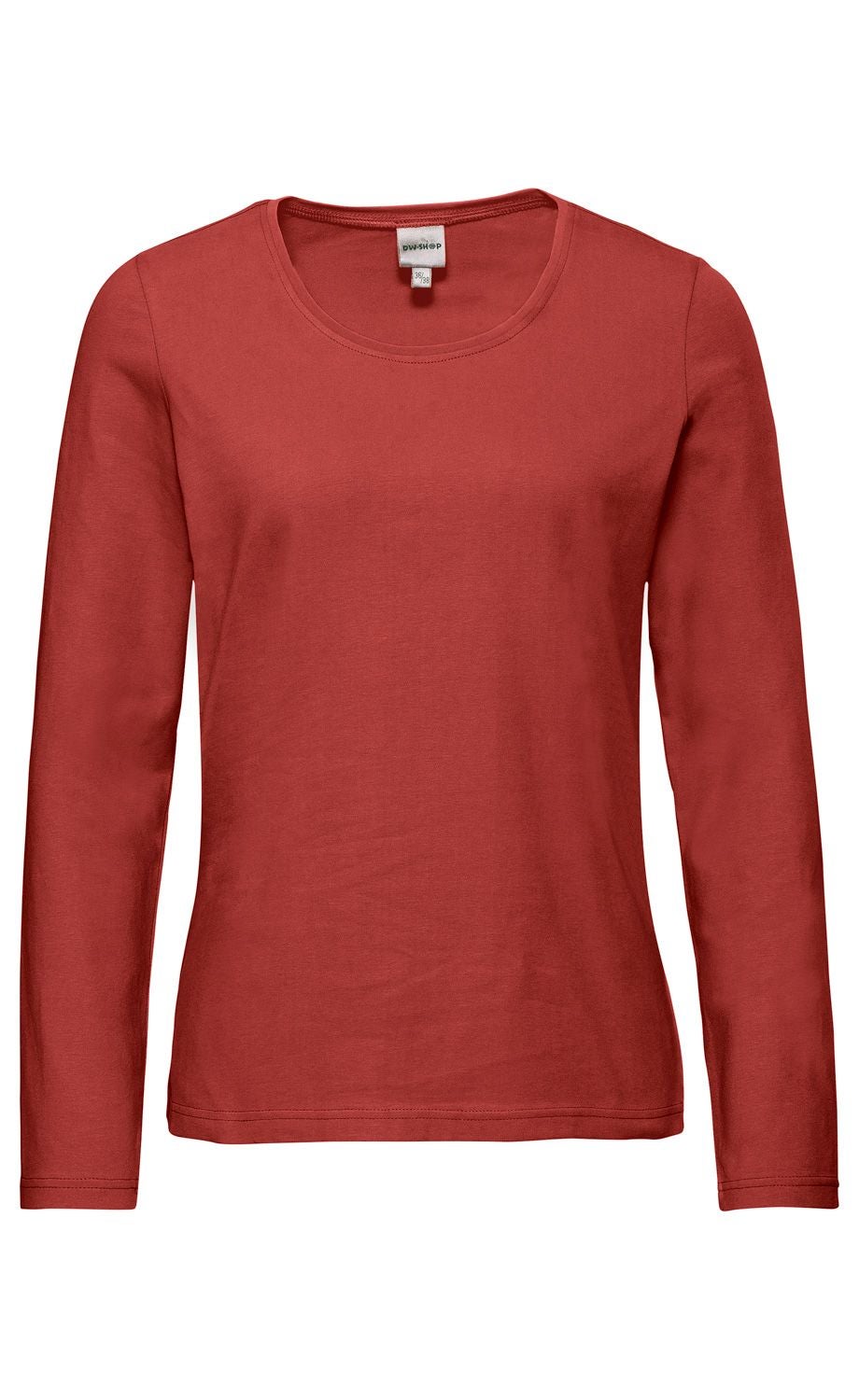 Baumwoll-Mix-Shirt in Rostrot, langärmlig, Rundhalsausschnitt, unifarben, schlichte und enganliegende Passform