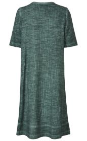 Baumwoll-Kleid in grün-blauem melierten Muster, kurzärmelig, knielang, gerade geschnitten, ohne Muster oder Verzierungen, schlichtes Casual-Design, Rückansicht
