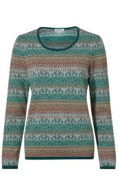 Baumwoll-Pullover mit langem Arm, Rundhalsausschnitt, feinem Strickmuster in Grün, Beige, Weiß und Rost, dekorative horizontale Streifen mit floralen und geometrischen Motiven, elastische Bündchen an Ärmeln und Saum