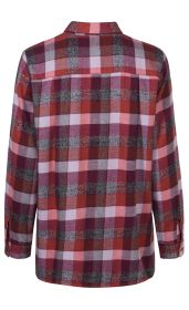 Rückansicht einer langärmligen Baumwoll-Bluse mit kariertem Muster in Rot-, Rosa-, Weinrot- und Grautönen, mit Hemdkragen und Manschetten am Ärmelabschluss.