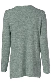 Rückansicht eines langärmeligen Viskose-Mix-Shirts in meliertem Grau-Grün mit schmalem Rundhalsausschnitt und geradem Schnitt