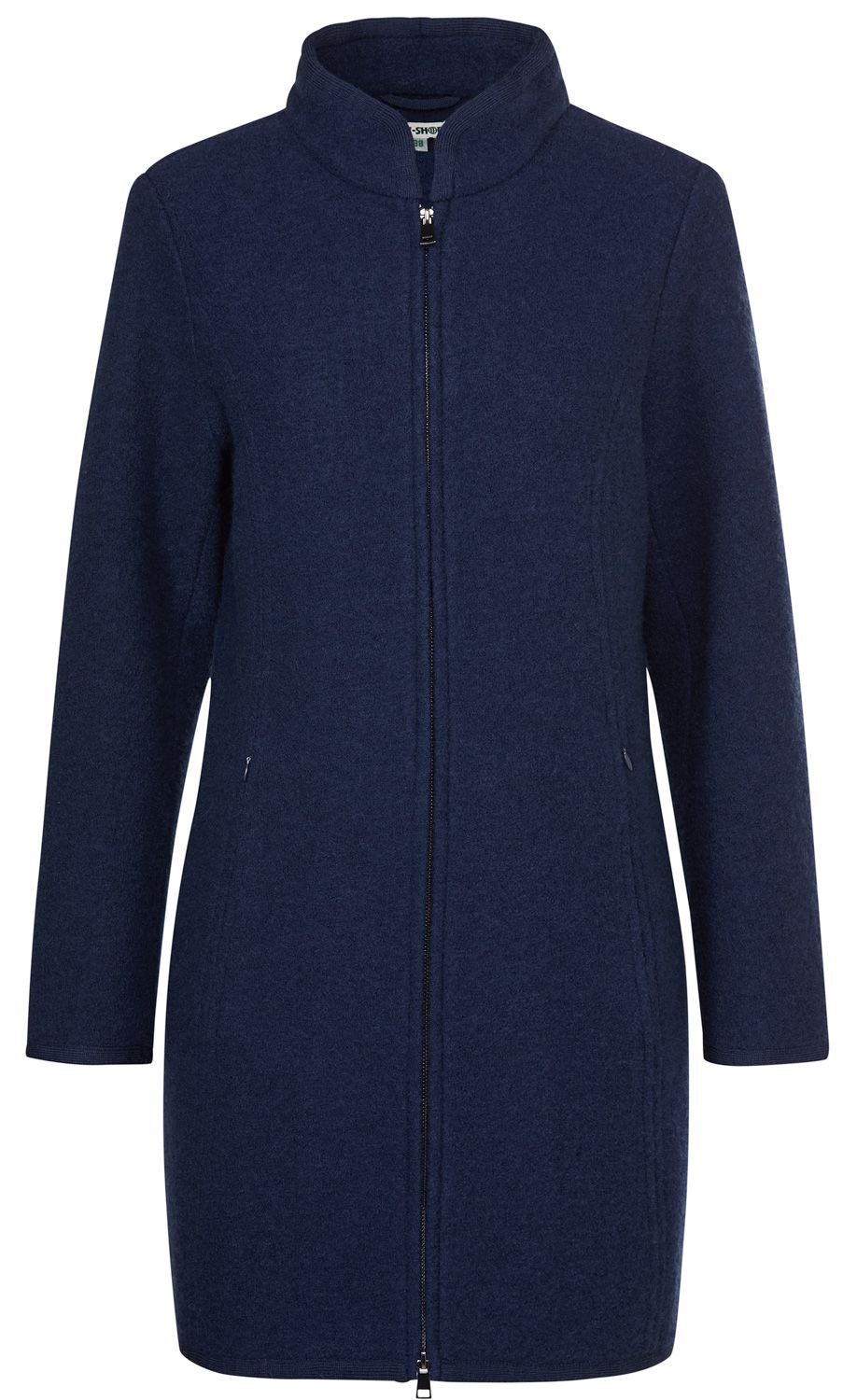 Dunkelblaue Woll-Jacke mit Stehkragen, durchgehendem Reißverschluss und langen Ärmeln, schlichtes Design, zwei seitliche Reißverschlusstaschen, knielanger Schnitt.