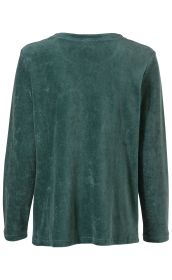 Baumwoll-Shirt in dunkelgrün, langärmlig, samtige Oberfläche, Rückansicht, gerader Saum, Rundhalsausschnitt, einfache, unifarbene Ausführung ohne Muster oder Verzierungen, lockere Passform